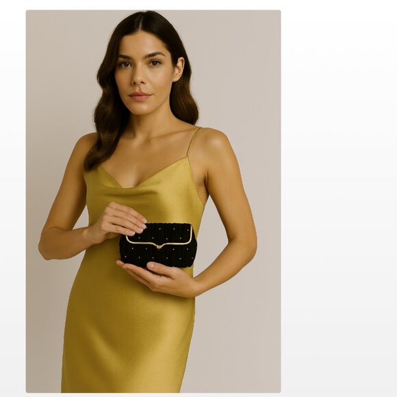 Oscar De La Renta Black with Gold beads Clutch Bag with Mirror LIKE NEW! - Picture 10 of 10